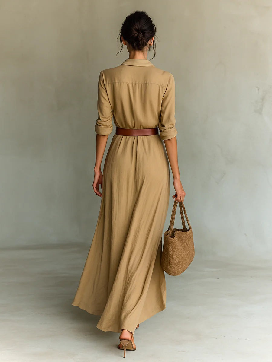 Isa | Long belted dress with long sleeves and lapels