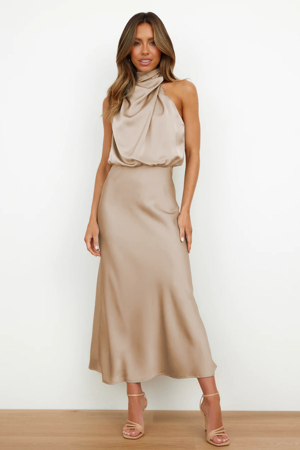 CARLINA | Long Satin Dress With Halter Neck